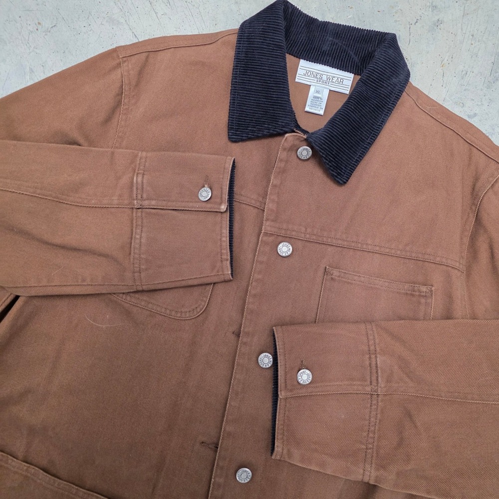 Vintage Jones Wear Sport Brown Canvas‎ Chore Jacket Corduroy Collar XL Barn Coat